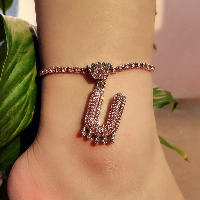 Punk Pink Rhinestone Letter Initial Anklets Crystal Chain Anklet Bracelet