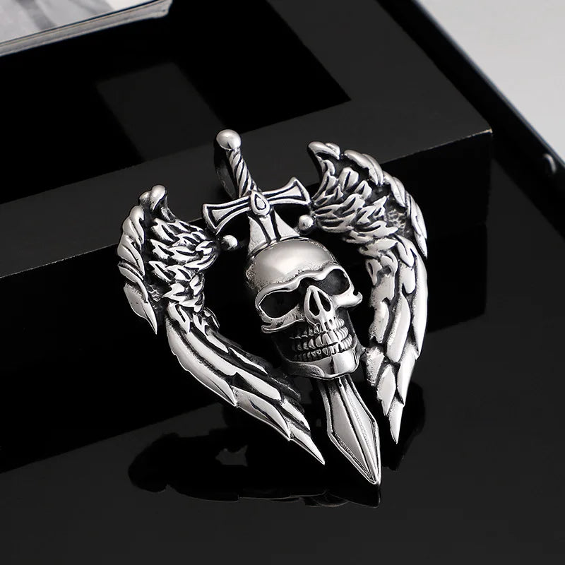 Punk Retro Skull Sword Wings Pendant Domineer Men Titanium Steel Jewelry