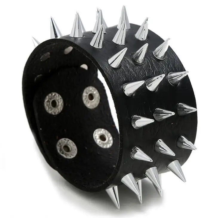 Gothic Punk Leather Bracelet with Studs and Spikes