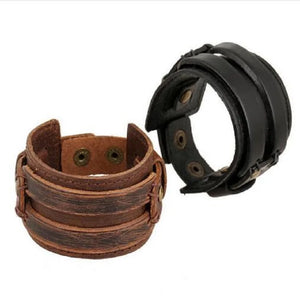 Vintage Wide Leather Bangles Men Thick Brown Cowhide Wristband Cuff