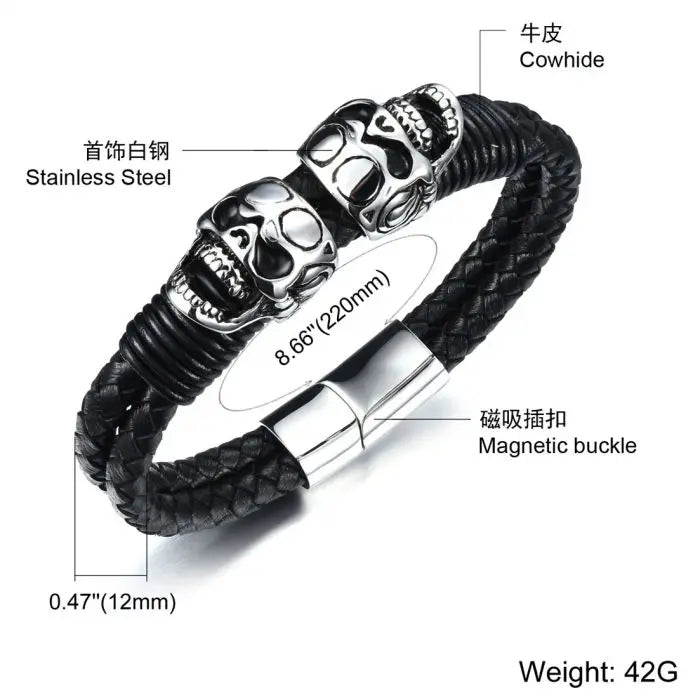 Punk Rock Men's Leather Bracelet Gothic Skull Cuff Bangle