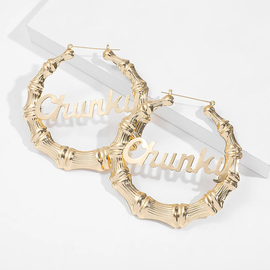 Punk Rock Geometric Hoop Earrings Large Letter Creole Bamboo Earrings
