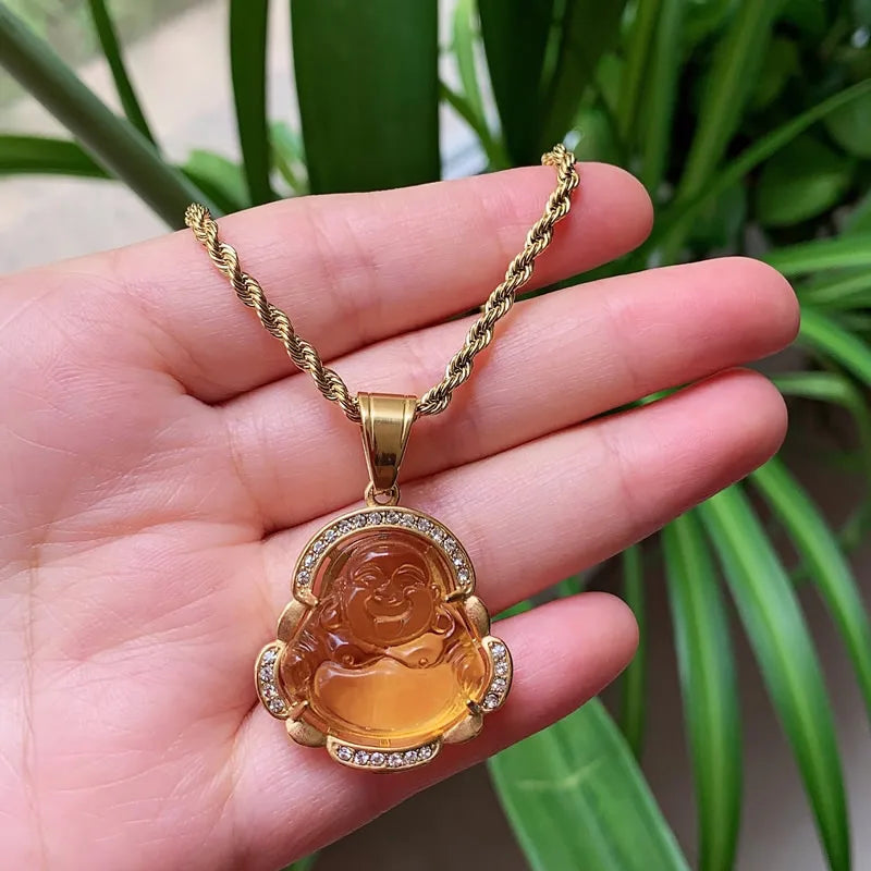Punk Rock Crystal Buddha Pendant Necklace for Women Men