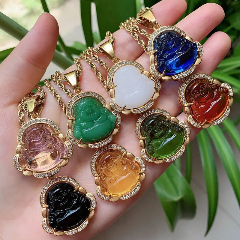 Punk Rock Crystal Buddha Pendant Necklace for Women Men