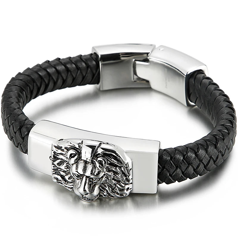 Punk Rock Stainless Steel Lion Head Bracelet Men 11MM