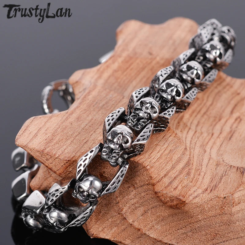Skull Bracelet Men Heavy Stainless Steel Gothic Jewellery Halloween