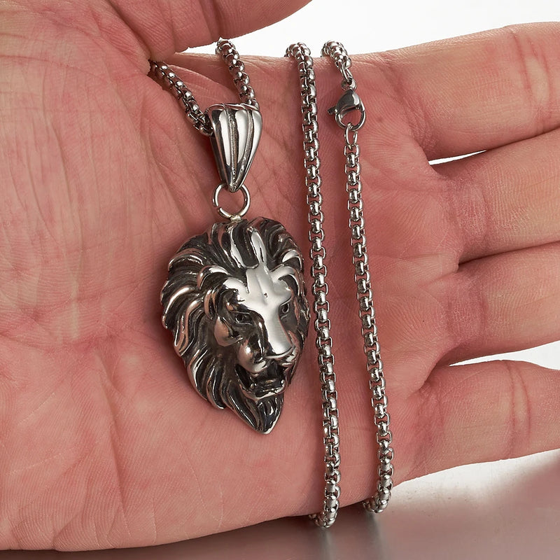 Punk Stainless Steel Lion Head Necklace 24'' For Men Boy