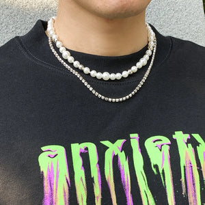 Punk Silver Pearls Necklace Hip Hop Crystal Choker for Men Women