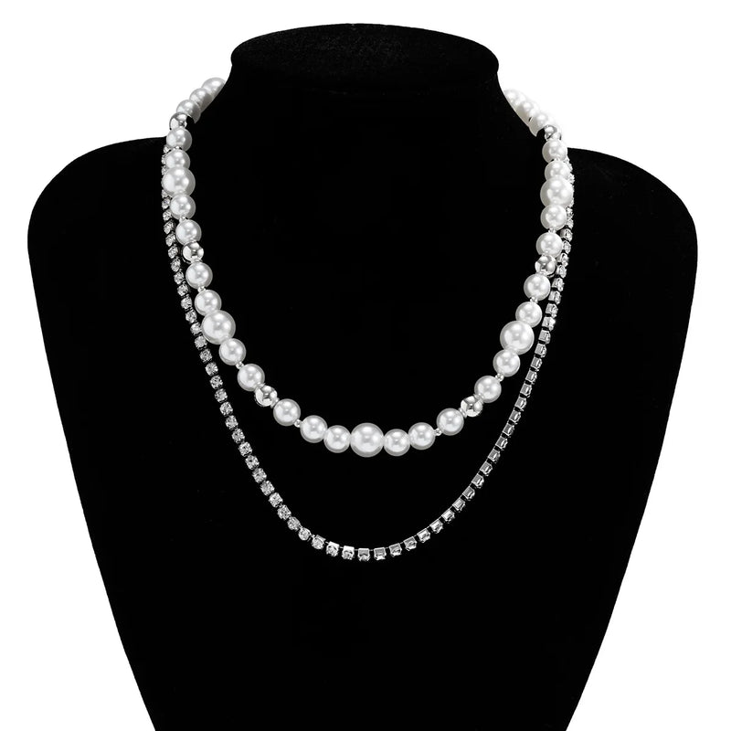 Punk Silver Pearls Necklace Hip Hop Crystal Choker for Men Women