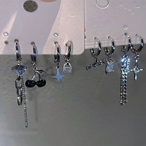 Punk Silver Metal Cherry Earring Heart Tassel Chain Y2K Bear Bow Hoop for Women