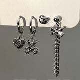 Punk Silver Metal Cherry Earring Heart Tassel Chain Y2K Bear Bow Hoop for Women