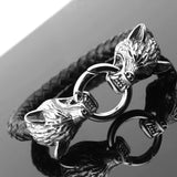 Silver Wolf Head Leather Chain Bracelet Stainless Steel Mens Boys Cuff Bangle