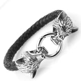 Silver Wolf Head Leather Chain Bracelet Stainless Steel Mens Boys Cuff Bangle