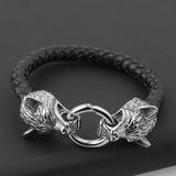 Silver Wolf Head Leather Chain Bracelet Stainless Steel Mens Boys Cuff Bangle
