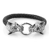 Silver Wolf Head Leather Chain Bracelet Stainless Steel Mens Boys Cuff Bangle