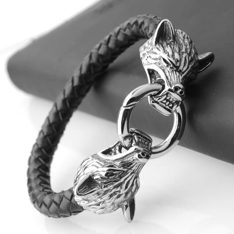 Silver Wolf Head Leather Chain Bracelet Stainless Steel Mens Boys Cuff Bangle
