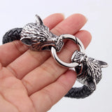 Silver Wolf Head Leather Chain Bracelet Stainless Steel Mens Boys Cuff Bangle