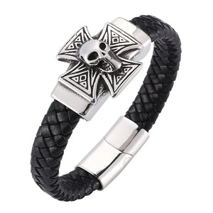 Punk Skull Cross Magnetic Clasp Bracelet Men Leather Rock Jewelry