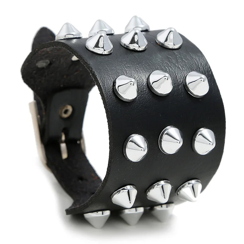 Wide Leather Bracelet Punk Style Sharp Rivet Decorative Bangles