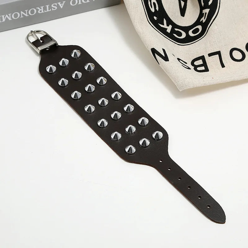 Wide Leather Bracelet Punk Style Sharp Rivet Decorative Bangles
