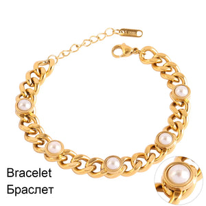 Punk Stainless Steel Bracelet For Women Thick Chain Stone Pearl Bracelet