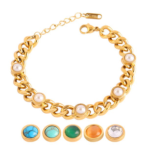 Punk Stainless Steel Bracelet For Women Thick Chain Stone Pearl Bracelet