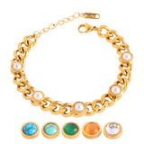Punk Stainless Steel Bracelet For Women Thick Chain Stone Pearl Bracelet