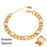Punk Stainless Steel Bracelet For Women Thick Chain Stone Pearl Bracelet