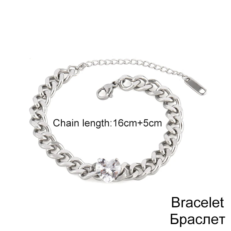 Punk Stainless Steel Cuban Heart Pendant Bracelet for Women