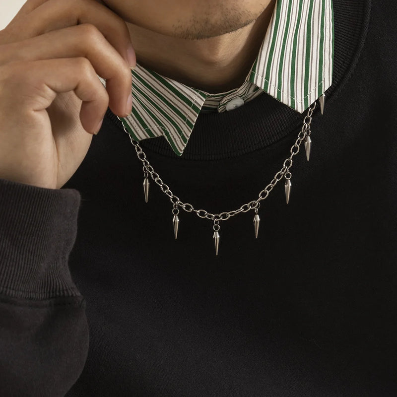 Punk Stainless Steel Chains Cone Pendants Necklace Hip Hop Choker Collar