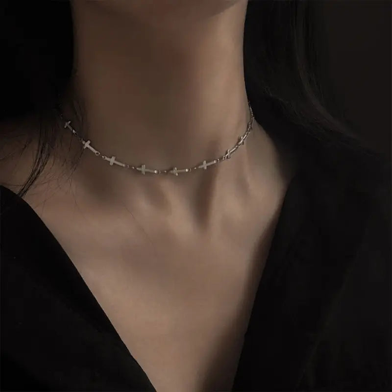Punk Stainless Steel Cross Choker Necklace for Women Girls