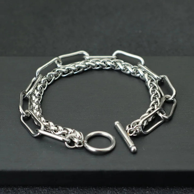 Punk Stainless Steel Double-Layer Chain Bracelet Charms OT Buckle