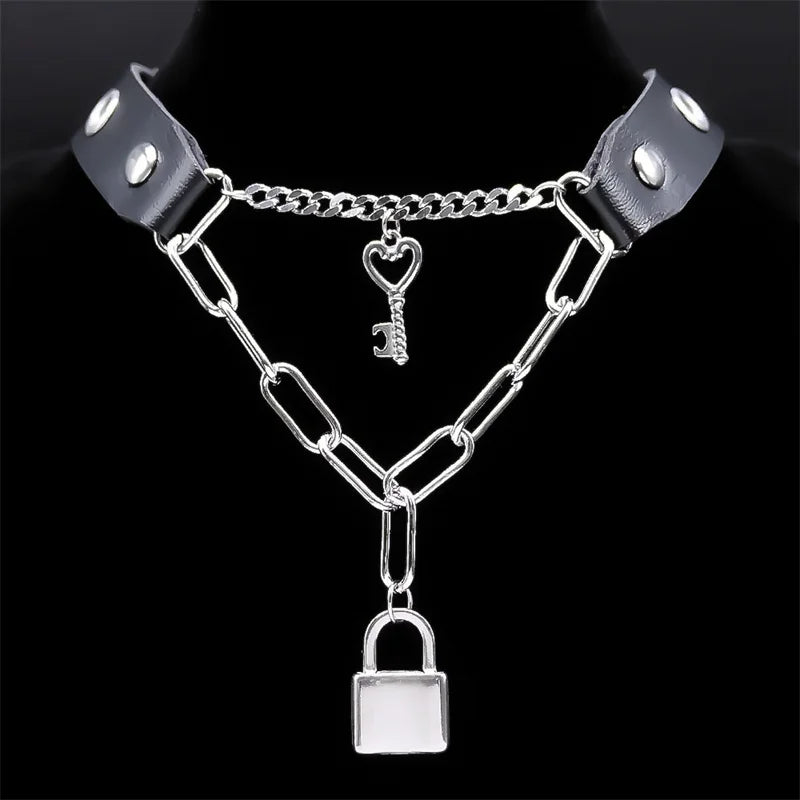 Punk Stainless Steel Lock Heart Key Necklace
