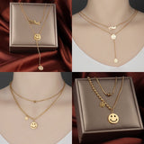 Punk Stainless Steel Double Layers Smiling Face Necklace Women Charm Jewelry