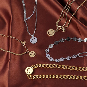 Punk Stainless Steel Double Layers Smiling Face Necklace Women Charm Jewelry