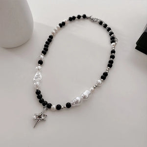 Punk Star Pendant Pearl Necklace Asymmetric Baroque Stainless Steel Jewelry
