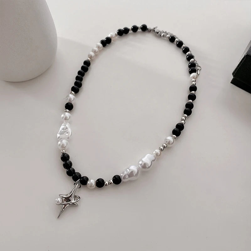 Punk Star Pendant Pearl Necklace Asymmetric Baroque Stainless Steel Jewelry
