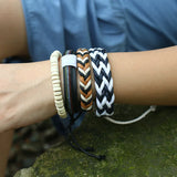 Punk Leather Bracelet Set Classic Wood Beads Charm Bangles Homme Male Gift