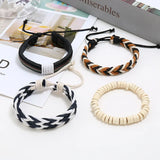 Punk Leather Bracelet Set Classic Wood Beads Charm Bangles Homme Male Gift