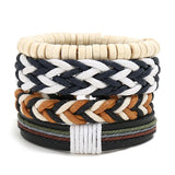 Punk Leather Bracelet Set Classic Wood Beads Charm Bangles Homme Male Gift