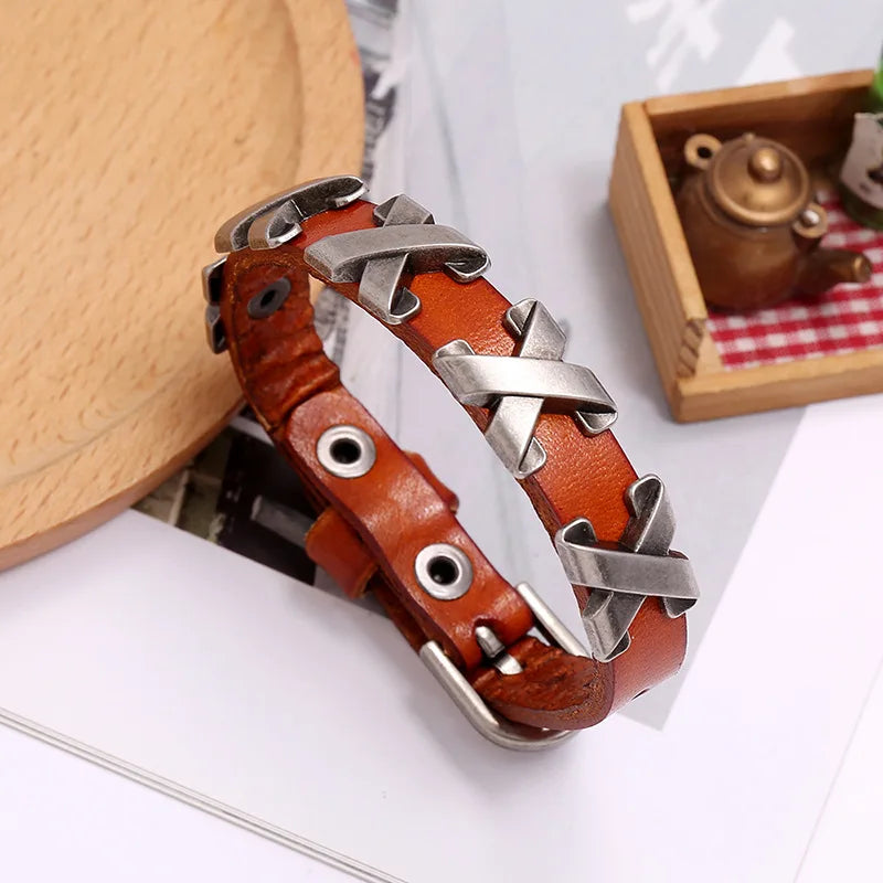 Punk Style Cross Leather Bracelet Vintage Wristband Bangle