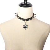 Dark Hexagonal Star Ladies Necklace Leather Collar Rivet Pu Neck Strap