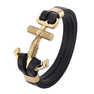 Punk Style Stainless Steel Cross Anchor Bracelet Men Leather Bracelet