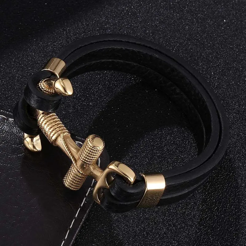 Punk Style Stainless Steel Cross Anchor Bracelet Men Leather Bracelet