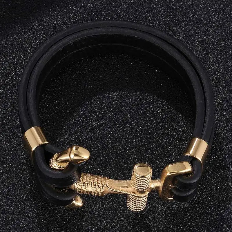 Punk Style Stainless Steel Cross Anchor Bracelet Men Leather Bracelet