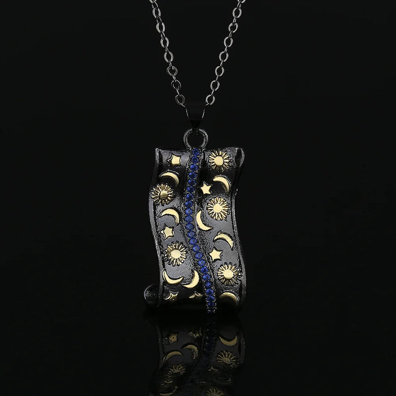 Punk Style Star Moon Pendant Necklace with Zircon Inlay