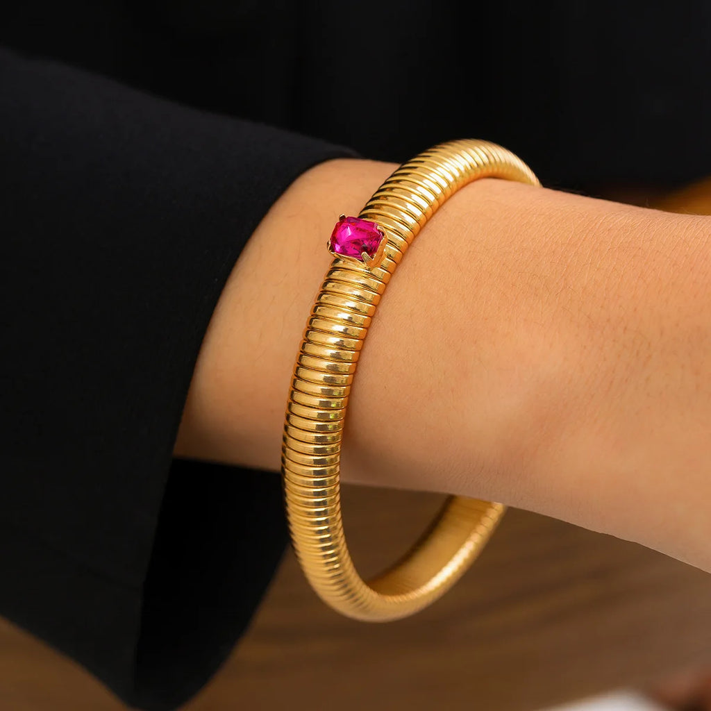 Punk Style Metal Chain Bracelet with Colorful Zircon Ring