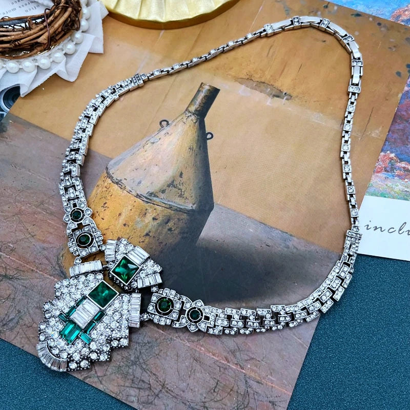 Punk Style Green Glass Crystal Pendant Necklace