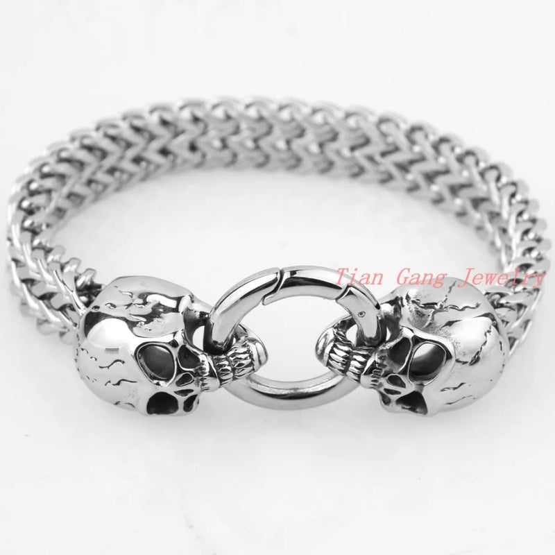 Punk Style Silver Skull Stainless Steel Bracelets Charms Men 12MM Wide Bracelet