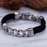Punk Style Stainless Steel Chain Leather Bracelet 220mm